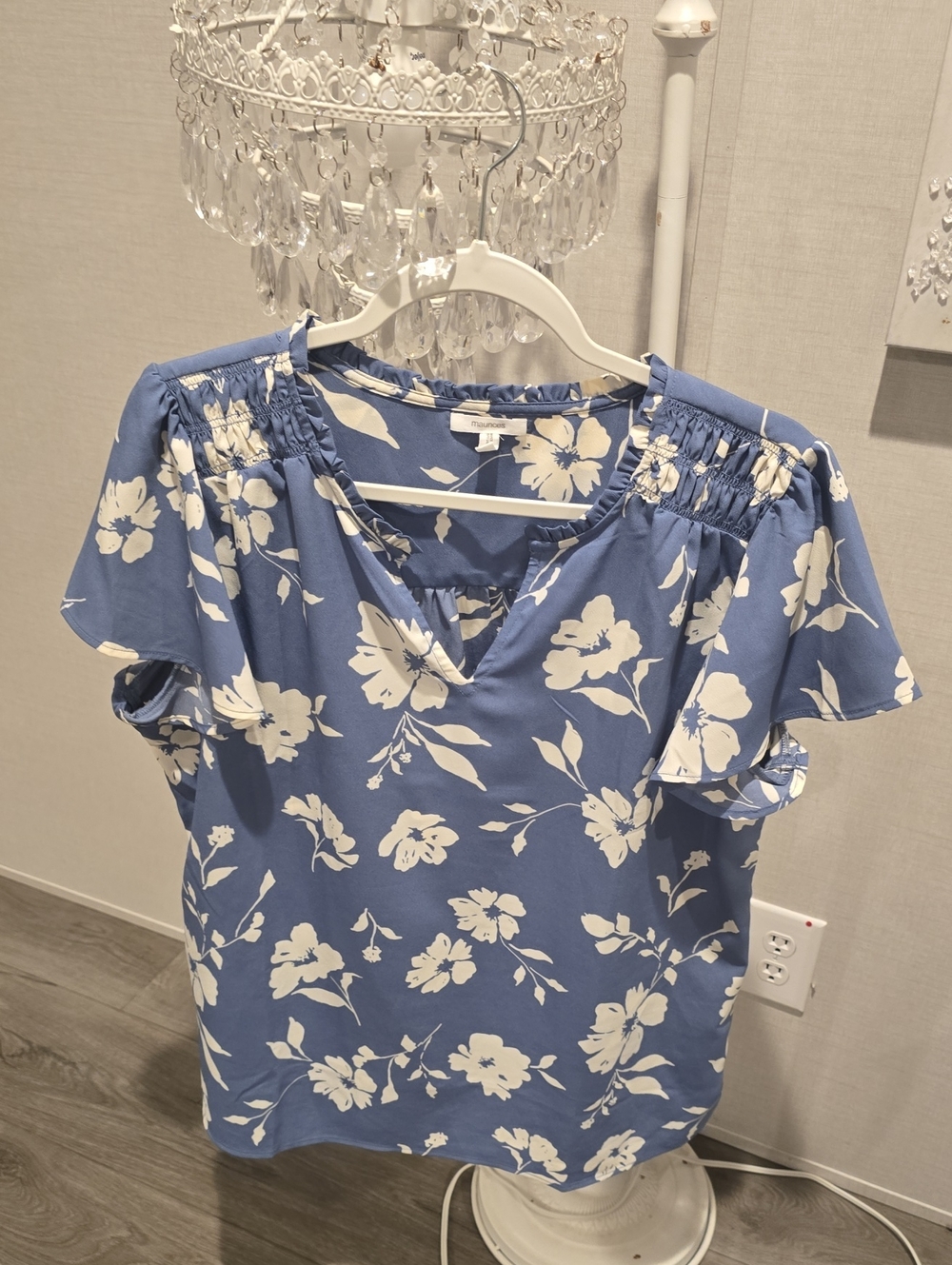 Maurices Blue Floral V-Neck Flutter Sleeve Blouse